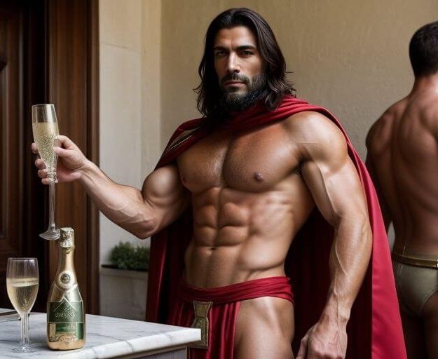 muscular buff butler, dressed as a spartan soldier, holding champagne at party