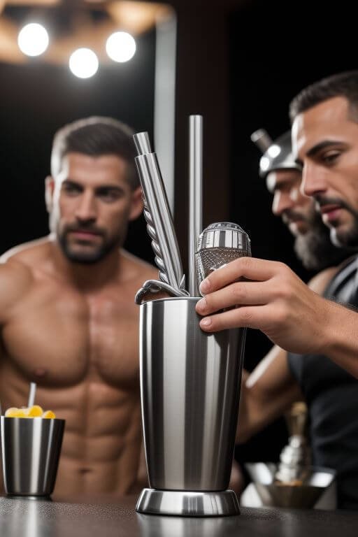 handsome buff butlers, making cocktails at a party