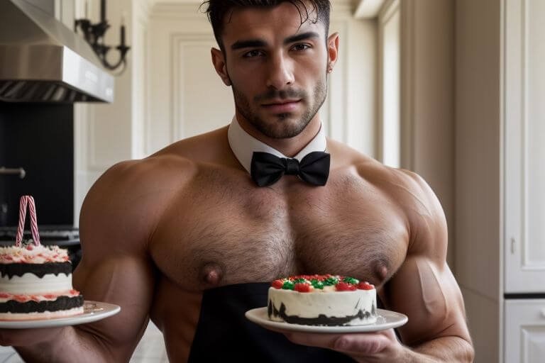 attractive buff butler, topless holding cake and wearing bowtie