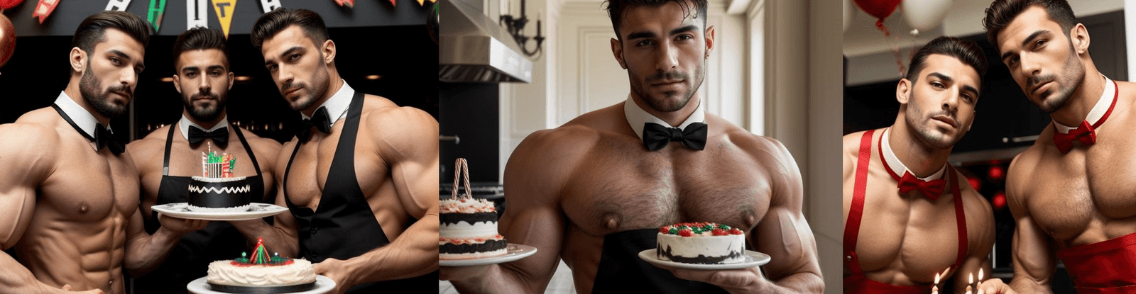 birthday party buff butlers, topless, holding cake