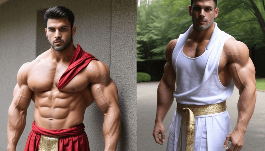 buff butlers wearing different uniforms - from toga to spartan