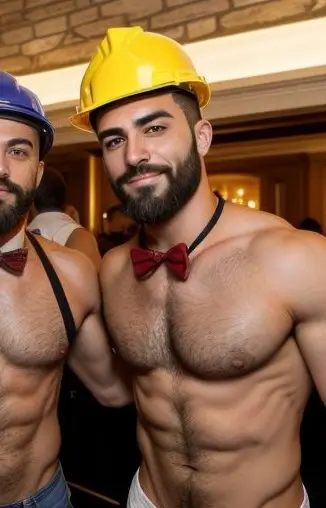 Attractive topless buff butler builder at party