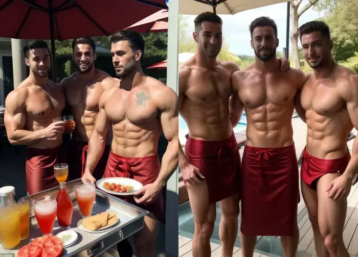 party buff butlers outside in garden during summertime