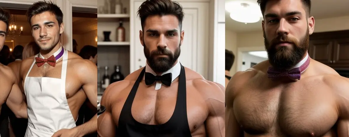 three party butlers at a party or event, two are topless