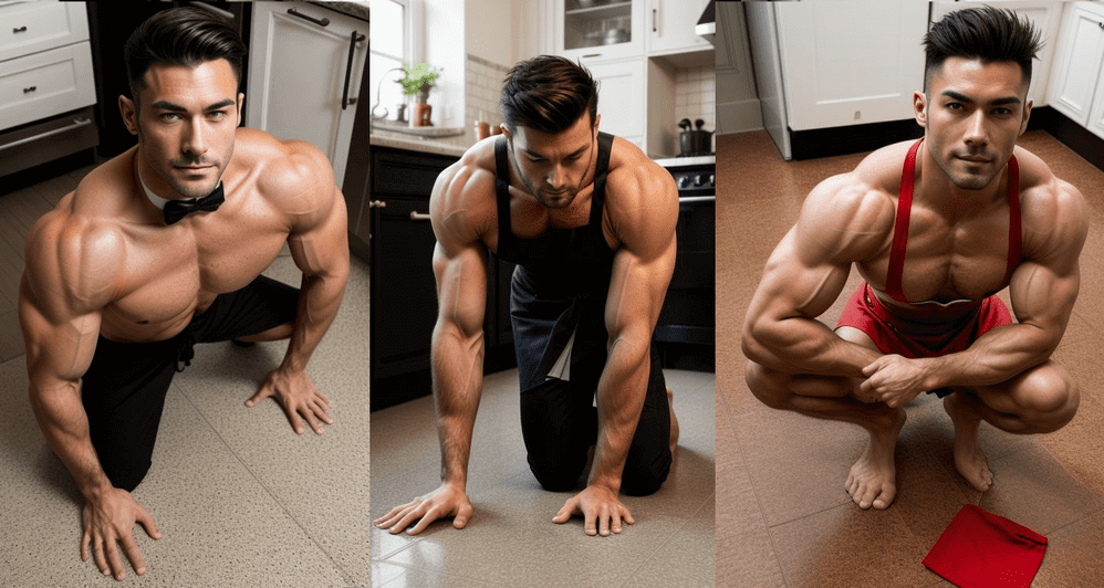 topless male cleaning buff butlers in the kitchen