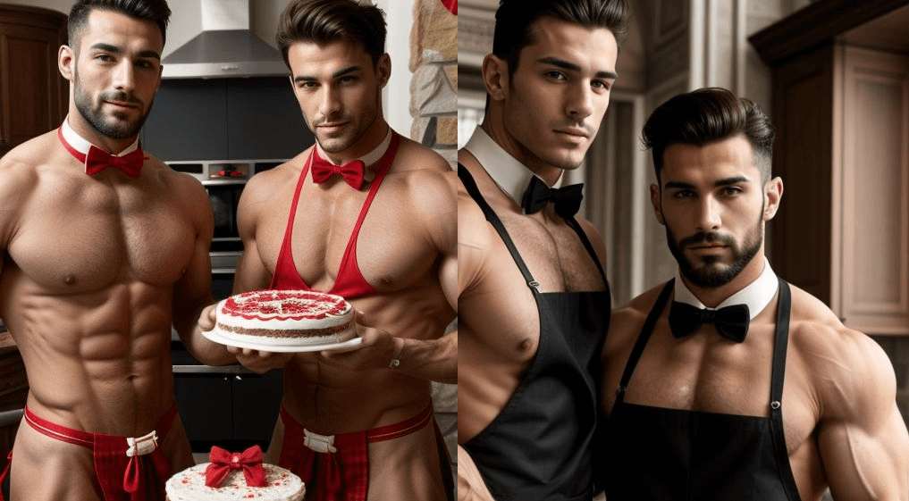 hadsome buff butlers serving at party in red or black uniforms and bowties